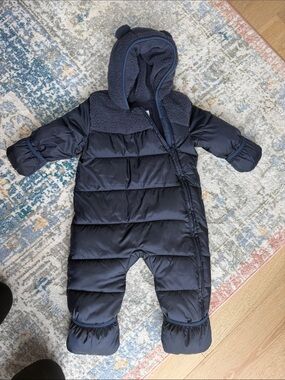 Gap Navy Puffer Infant Snowsuit with Hood and Sherpa Trim 18m